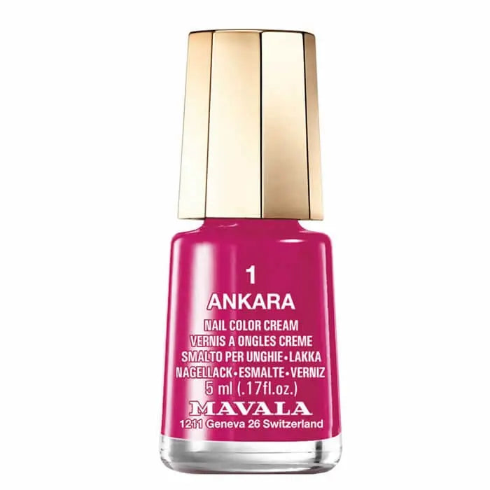 Mavala Nail Polish in Ankara 5ml, vibrant coral shade, in a small glass bottle with black cap, displayed against a neutral background.