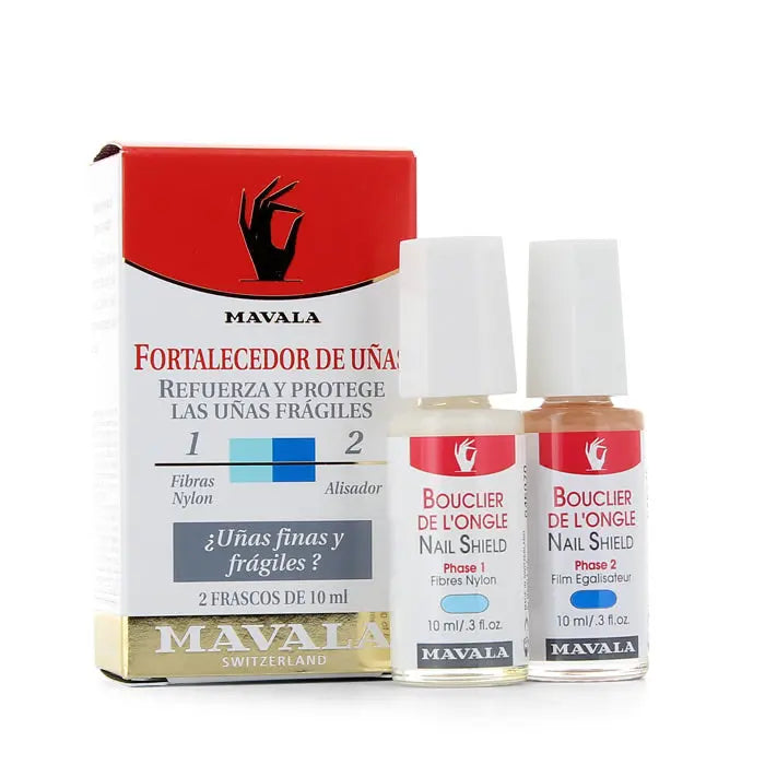 Mavala Nail Shield 2 Phases in two 10ml bottles, protective nail treatment by Jag Couture London New York.