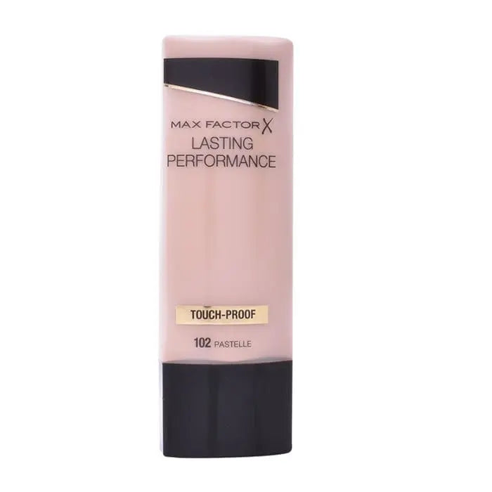 Max Factor Lasting Performance Foundation in shade 102 Patelle, with a sleek bottle and applicator, by Jag Couture London New York.