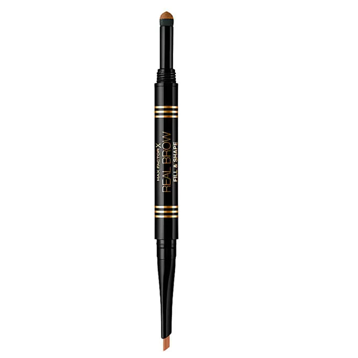 Max Factor Real Brow Fill & Shape in 01 Blonde, showcasing a brow product with a brush and filled-in brow design.