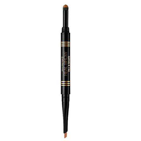 Max Factor Real Brow Fill & Shape in 01 Blonde, showcasing a brow product with a brush and filled-in brow design.