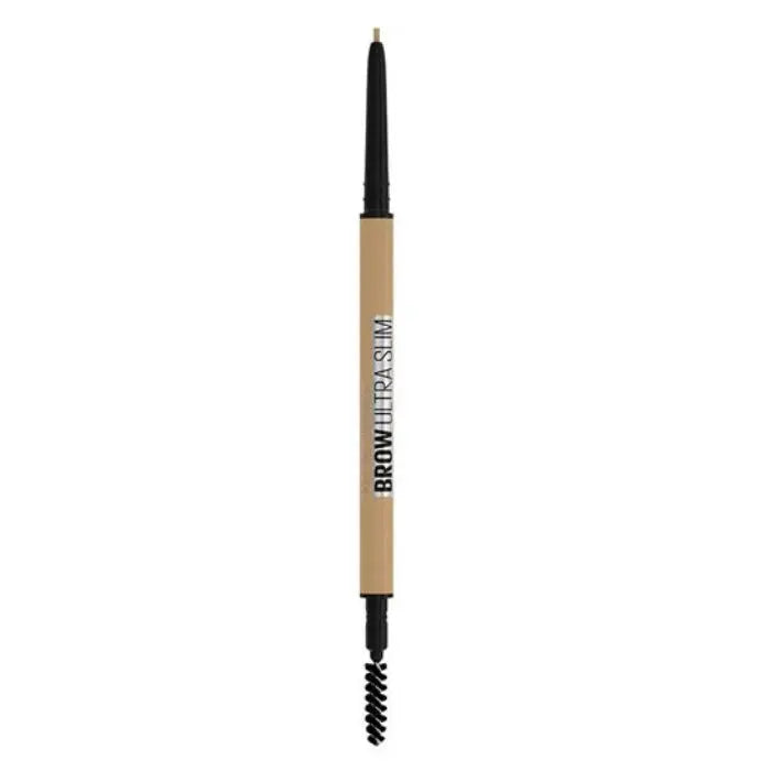 Maybelline Brow Ultra Slim Defining Eyebrow Pencil in shade 01 Blonde, with a sleek pencil and spoolie brush for precise brow shaping.
