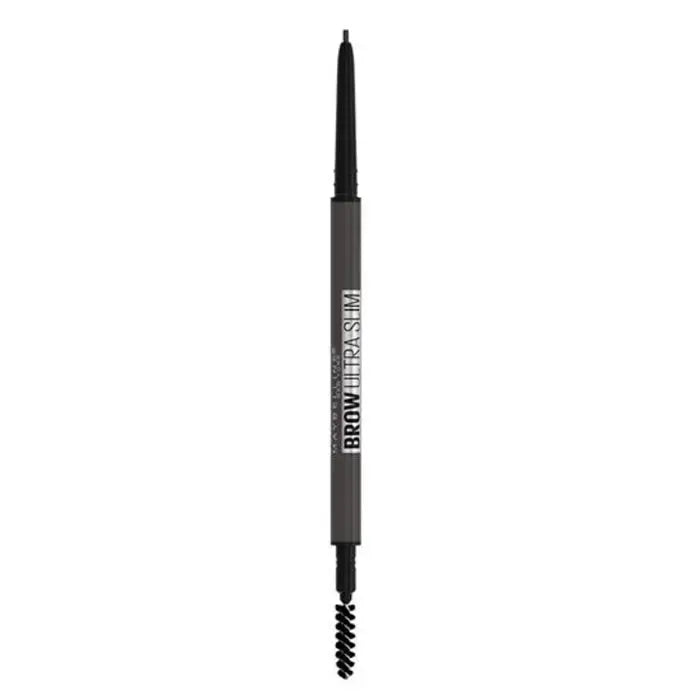 Maybelline Brow Ultra Slim Defining Eyebrow Pencil in shade 07 Black, with sharpened tip and spoolie brush for precise brow shaping.