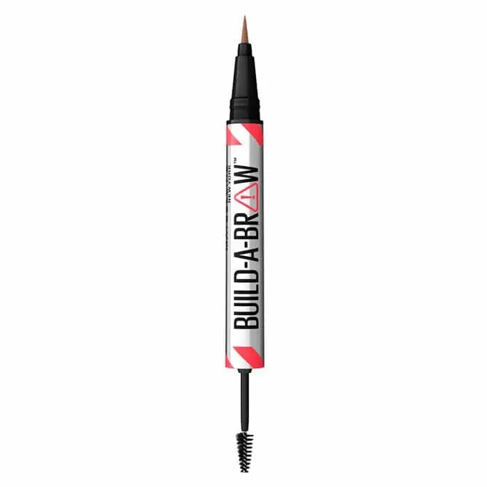 Maybelline Build A Brow 2-in-1 eyebrow kit in Deep Brown with brow gel and powder, displayed in a compact case.