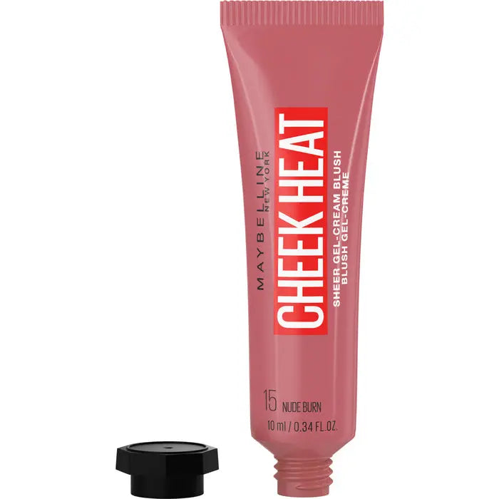 Maybelline Cheek Heat Gel-Cream Blush in Nude Burn, featuring a soft gel formula and natural blush shade in a compact container.