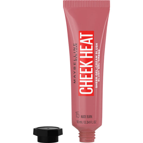 Maybelline Cheek Heat Gel-Cream Blush in shade Nude Burn, showcasing the blush's smooth texture and natural nude color.