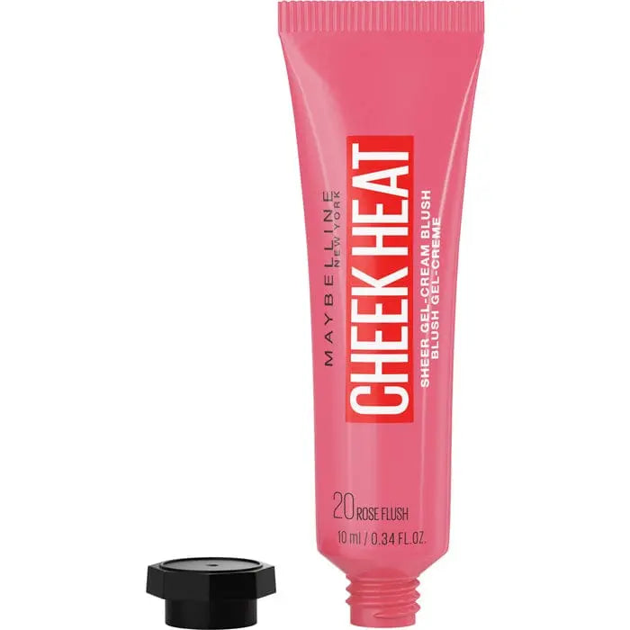 Maybelline Cheek Heat gel-cream blush in shade 20 Rose Flash, featuring a soft pink color on smooth, blended cheek skin.