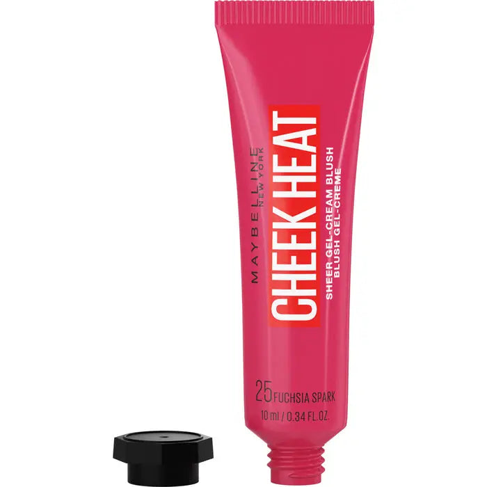 Maybelline Cheek Heat Gel-Cream Blush in 25 Fuchsia Spark, vibrant pink cream blush applied on cheeks, with a smooth gel texture.