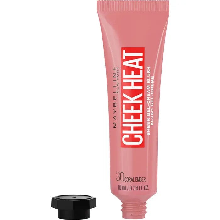 Maybelline Cheek Heat Gel-Cream Blush in Coral Ember, featuring a smooth, vibrant pink-orange shade on a makeup palette.