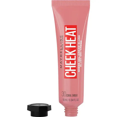 Maybelline Cheek Heat Gel-Cream Blush in Coral Ember, vibrant orange-pink shade, with smooth gel-cream texture and natural finish.