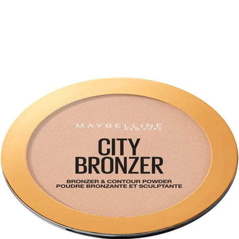 Maybelline City Bronzer & Contour Powder Makeup in 250 Warm Medium, 8g, with compact packaging and warm-toned powder for contouring.