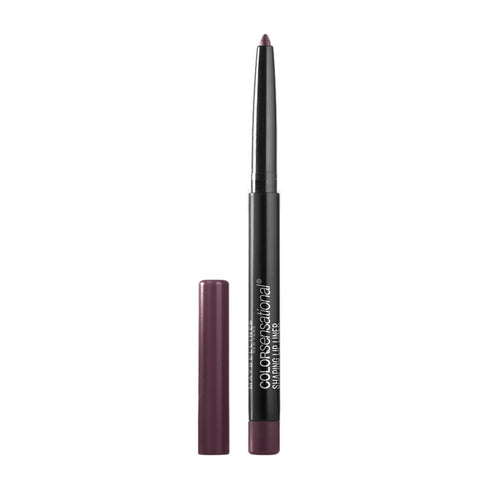 Maybelline Color Sensational Shaping Lip Liner 110 Rich Wine, close-up of the dark red pencil with a sharp tip and brand packaging.