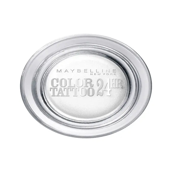 Maybelline Color Tattoo 24h cream gel eye shadow in shade 45 Infinite White, with the product jar and branding visible.