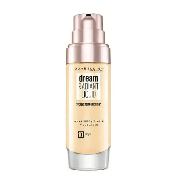 Maybelline Dream Satin Liquid Foundation and Serum in 10 Ivory, 30ml bottle, with smooth, lightweight texture for even skin tone.