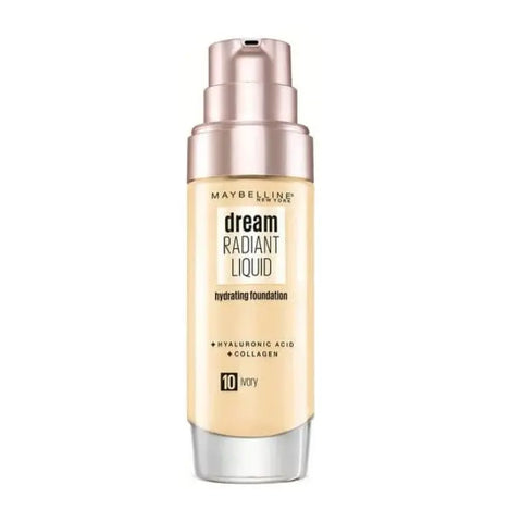 Maybelline Dream Satin Liquid Foundation and Serum in 10 Ivory, 30ml bottle, with a smooth, creamy texture and elegant packaging.