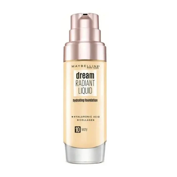 Maybelline Dream Satin Liquid Foundation and Serum in shade 10 Ivory, 30ml bottle, with smooth liquid texture and elegant packaging