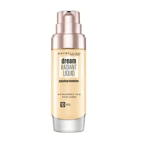 Maybelline Dream Satin Liquid Foundation and Serum in shade 10 Ivory, 30ml bottle, with smooth liquid texture and elegant packaging