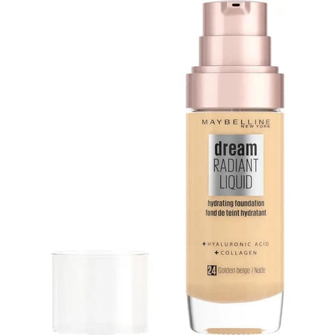 Maybelline Dream Satin Liquid Foundation and Serum in 24 Golden Beige, 30ml bottle with applicator, displayed on a neutral background.