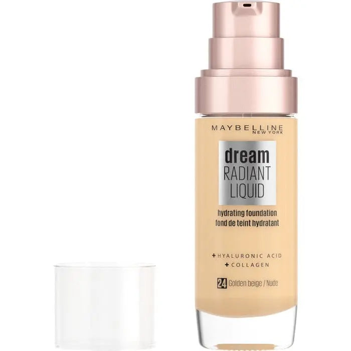 Maybelline Dream Satin Liquid Foundation and Serum in 24 Golden Beige, 30ml, with a sleek bottle and gold cap.