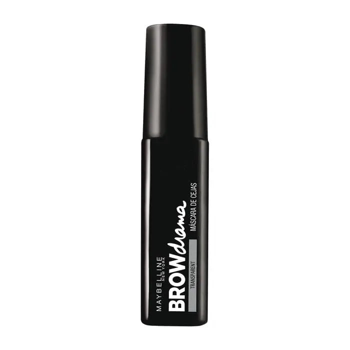 Maybelline Eye Studio Brow Drama transparent mascara tube with black lid, displayed on a plain background.