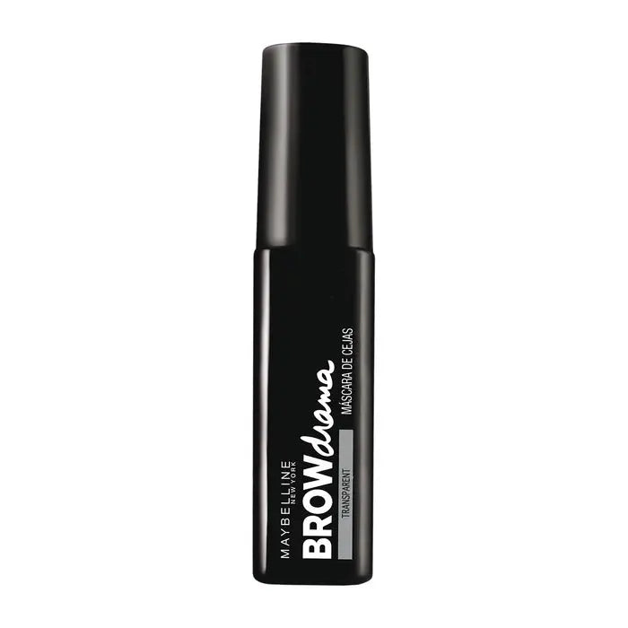 Maybelline Eye Studio Brow Drama transparent mascara applied to eyebrows, with Jag Couture London - New York branding in the background.