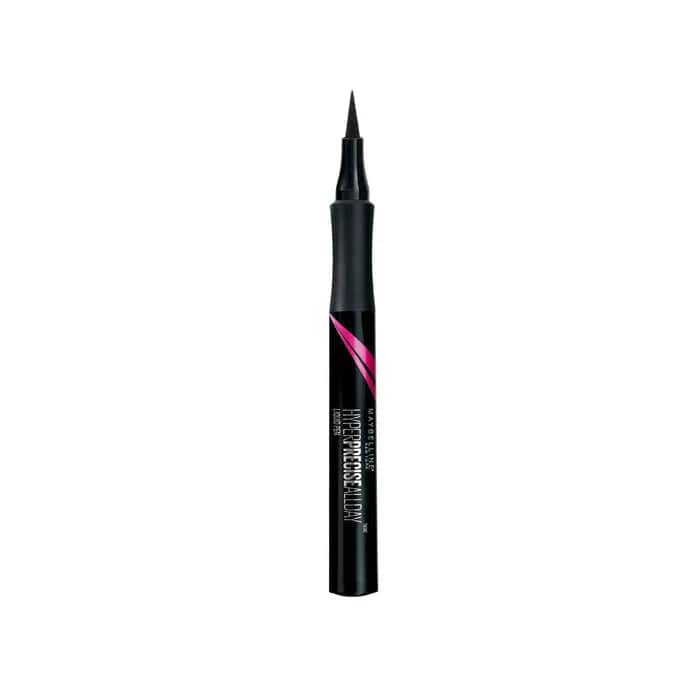 Maybelline Eye Studio Masterprecise liquid eye liner in black, with a sleek applicator pen, displayed on a neutral background.