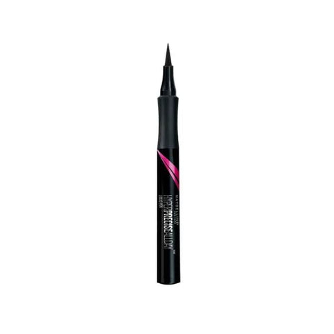 Maybelline Eye Studio Masterprecise liquid eye liner in black, with a sleek applicator pen, displayed on a neutral background.