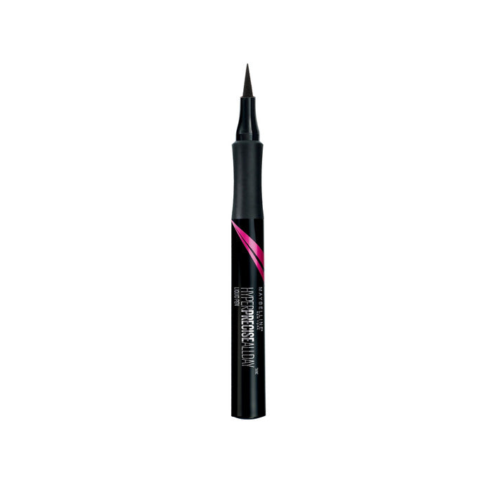 Maybelline Eye Studio Masterprecise liquid eye liner in black, shown on a sleek applicator with a fine tip for precise lines.