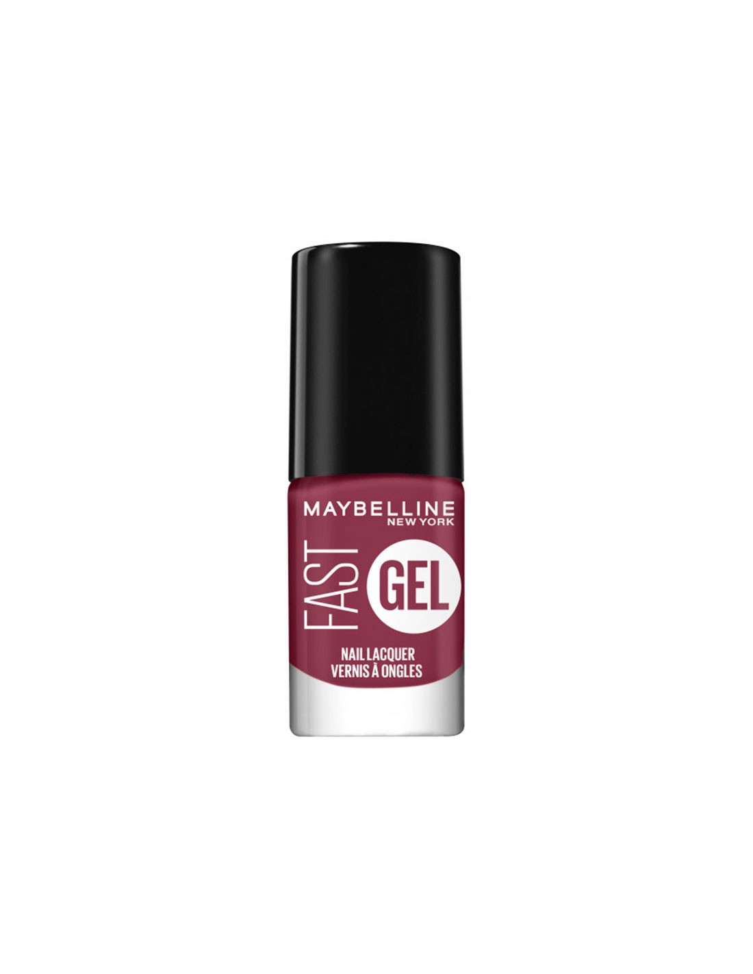 Maybelline Fast Gel Nail Lacquer in Pink Charge with glossy finish, displayed on a neutral background.
