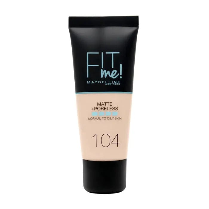 Maybelline Fit Me Matte & Poreless Foundation 104 Soft Ivory in 30ml bottle, showing smooth foundation texture and packaging.