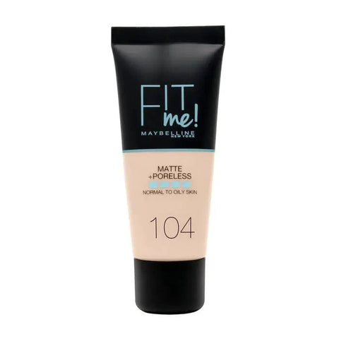 Maybelline Fit Me Matte & Poreless Foundation 104 Soft Ivory in 30ml bottle, showing smooth foundation texture and packaging.