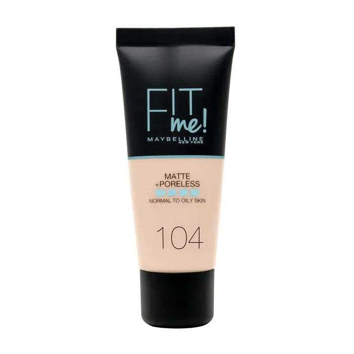 Maybelline Fit Me Matte & Poreless Foundation in 104 Soft Ivory, 30ml bottle, with smooth liquid texture and foundation applicator
