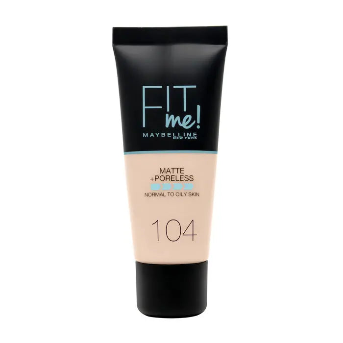 Maybelline Fit Me Matte & Poreless Foundation in shade 104 Soft Ivory, 30ml bottle, with smooth liquid texture.