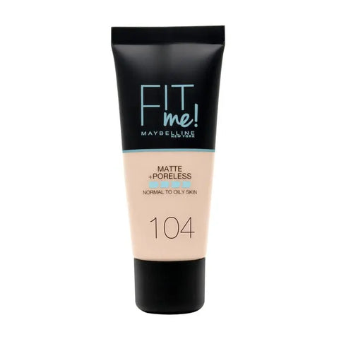 Maybelline Fit Me Matte & Poreless Foundation in 104 Soft Ivory, 30ml, with a sleek bottle and smooth matte finish.