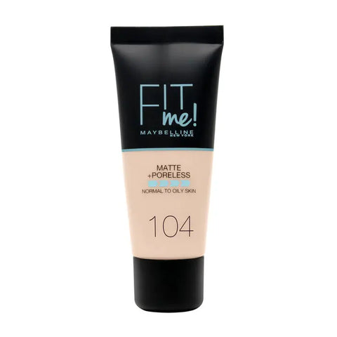 Maybelline Fit Me Matte & Poreless Foundation in shade 104 Soft Ivory, 30ml bottle, natural finish, smooth skin appearance