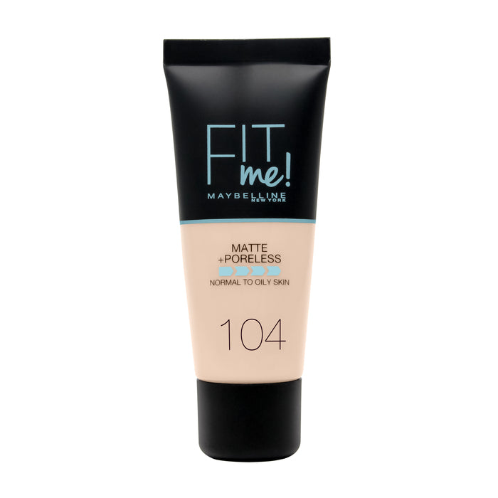 Maybelline Fit Me Matte & Poreless Foundation 104 Soft Ivory in 30ml bottle, showing smooth, even skin finish.