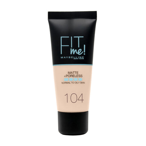 Maybelline Fit Me Matte & Poreless Foundation 104 Soft Ivory in 30ml bottle, showing smooth, even skin finish.