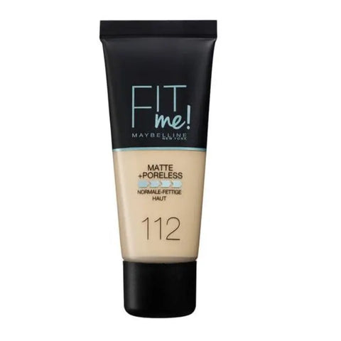Maybelline Fit Me Matte & Poreless Foundation in shade 112 Soft Beige, 30ml bottle, with smooth liquid texture and matte finish.