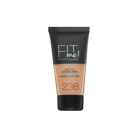 Maybelline Fit Me Matte & Poreless Foundation in 238 Rich Tan, 30ml bottle, with smooth, even skin tone.