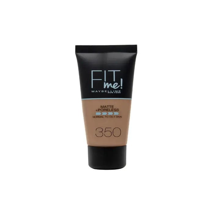 Maybelline Fit Me Matte & Poreless Foundation in shade 350 Caramel, displayed in a sleek foundation bottle.