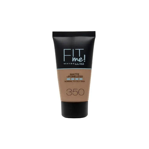 Maybelline Fit Me Matte & Poreless Foundation in shade 350 Caramel, displayed in a sleek foundation bottle.
