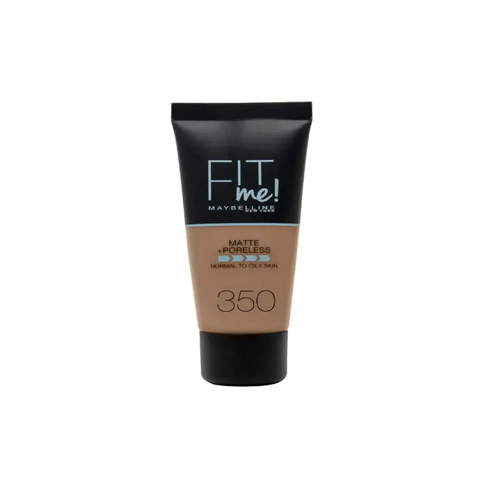 Maybelline Fit Me Matte & Poreless Foundation 350 Caramel, a liquid makeup product with smooth, matte finish and pore-minimizing properties.