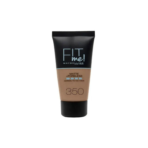 Maybelline Fit Me Matte & Poreless Foundation 350 Caramel, a liquid makeup product with smooth, matte finish and pore-minimizing properties.