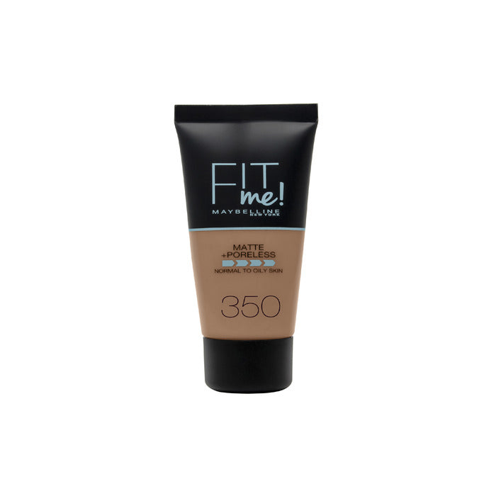 Maybelline Fit Me Matte & Poreless Foundation in shade 350 Caramel, displayed in a sleek bottle with a matte finish.