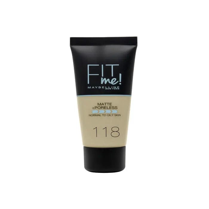Maybelline Fit Me Matte + Poreless Foundation in shade 118 Nude, 30ml bottle, displayed with a smooth, matte finish.