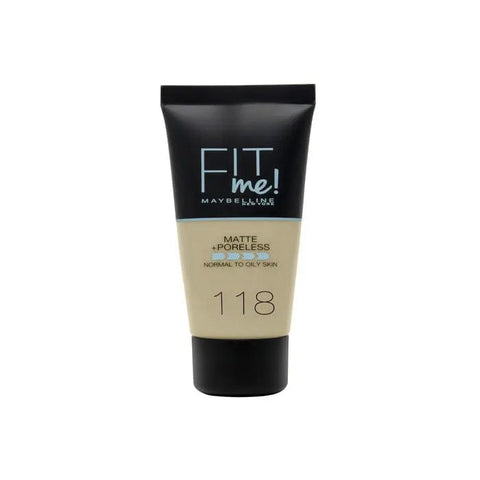 Maybelline Fit Me Matte + Poreless Foundation in shade 118 Nude, 30ml bottle, displayed with a smooth, matte finish.