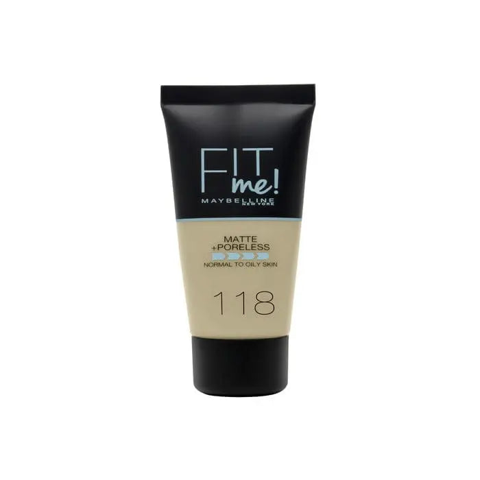 Maybelline Fit Me Matte + Poreless Foundation in shade 118 Nude, 30ml, displayed in a sleek bottle.