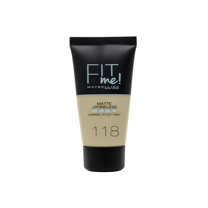 Maybelline Fit Me Matte + Poreless Foundation in shade 118 Nude, 30ml bottle, displayed on a neutral background.