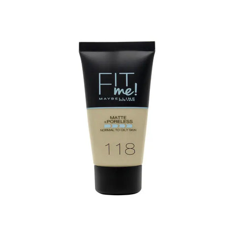 Maybelline Fit Me Matte + Poreless Foundation in shade 118 Nude, 30ml bottle, displayed on a neutral background.