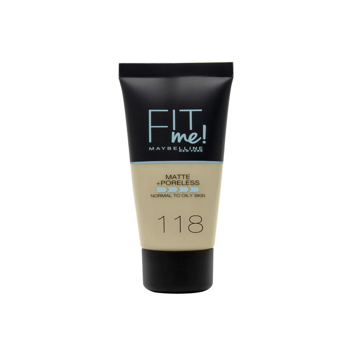 Maybelline Fit Me Matte + Poreless Foundation in shade 118 Nude, 30ml bottle, with sleek packaging and applicator.